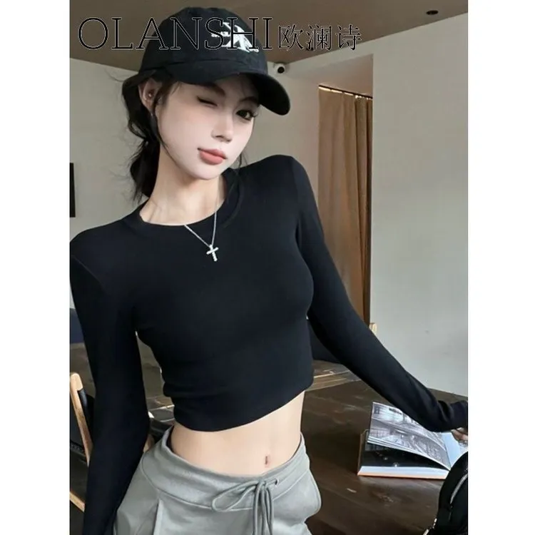 秋季辣妹修身紧身短款打底衫高腰上衣女圆领内搭长袖德绒百搭t恤