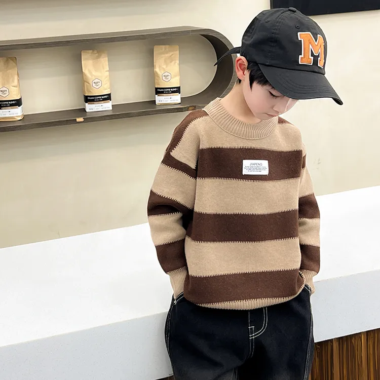 2025儿童圆领毛衣条纹百搭痞帅男童毛衣针织衫韩版保暖帅气