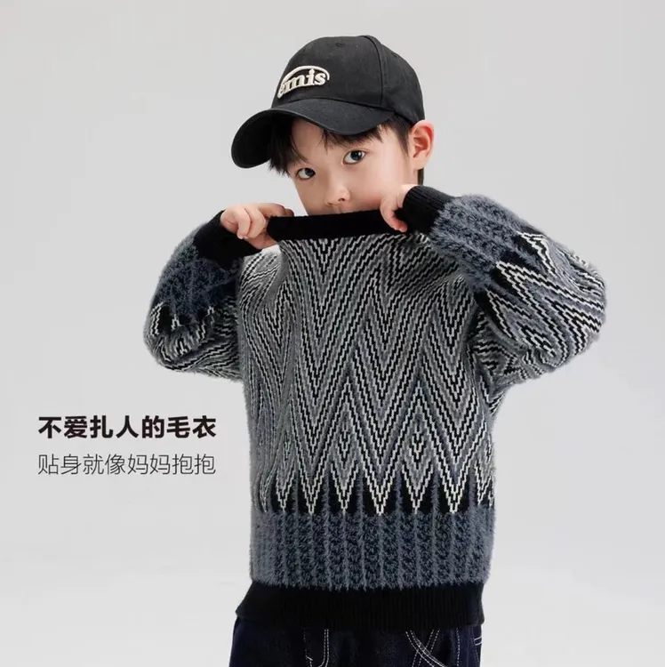 2025 儿童圆领毛衣秋冬新款加厚男童保暖针织提花韩版帅气潮流