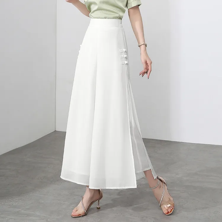 2025夏季新款开叉阔腿裤女高腰宽松显瘦白色裙裤垂感雪纺九分裤子