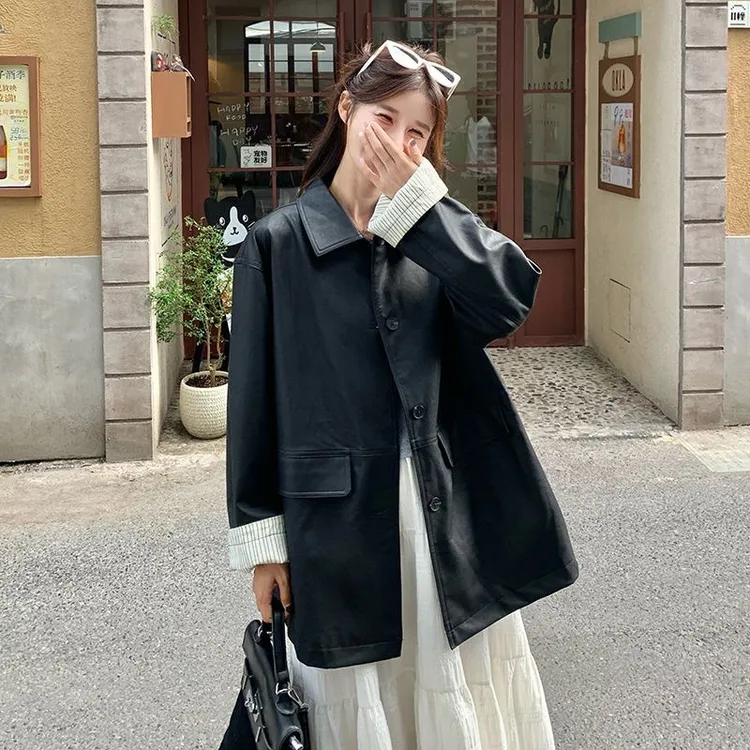 韩版设计感炸街皮衣外套女春秋新款撞色袖口港风宽松显瘦洋气休闲
