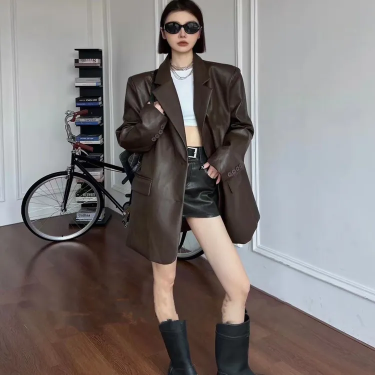 中长款皮衣西装外套女宽松潮流时尚百搭休闲机车西服女士外套