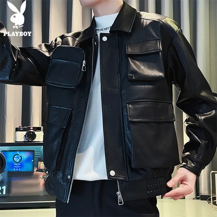 花花公子皮衣男士休闲宽松潮流百搭防风机车纯色翻领春秋季皮夹克