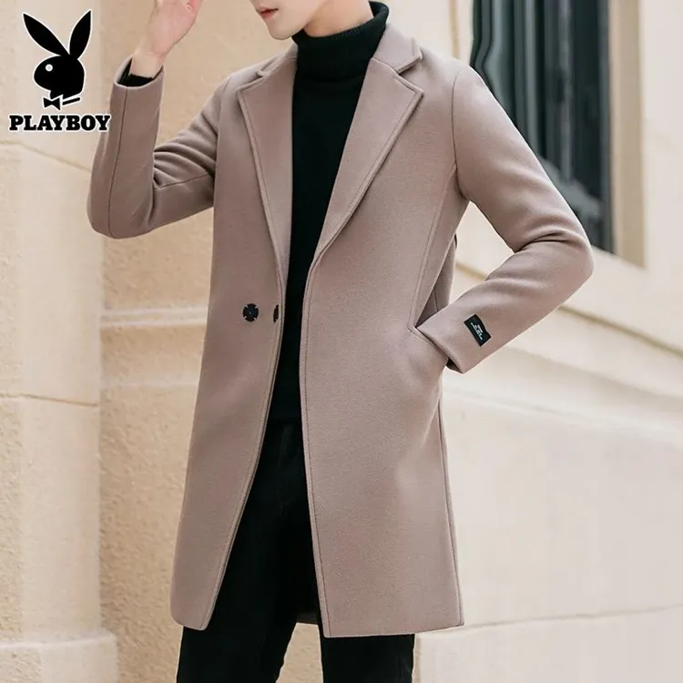 花花公子中长版毛呢大衣男士秋季韩版潮流风衣休闲呢子外套平驳领