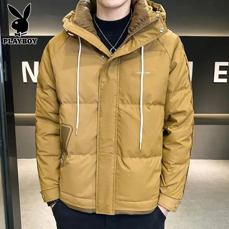 花花公子连帽羽绒服男士冬季新款加厚保暖潮流休闲白鸭绒外套青年