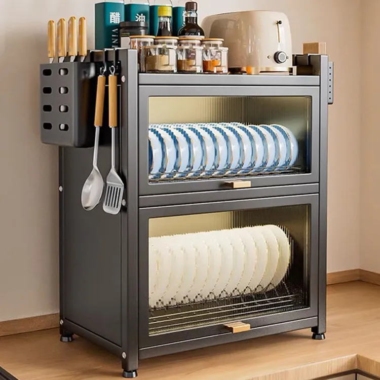 厨悦生活加厚碗柜置物架带柜门碗柜台面上翻门碗碟盘收纳柜沥水架