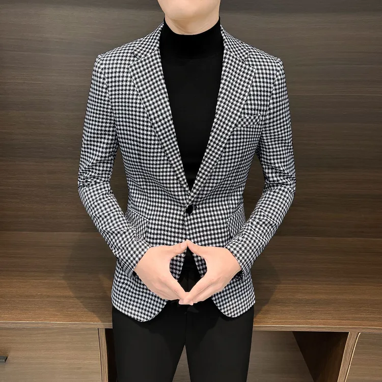 千鸟格男士西服单件秋季新款商务休闲韩版修身格子小西装外套男款
