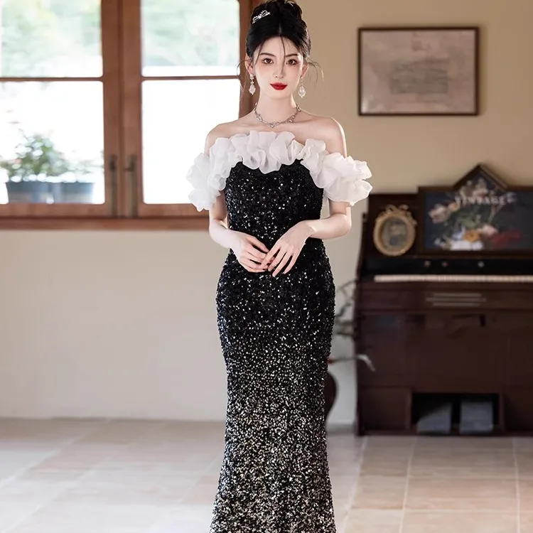 新款晚礼服女一字肩长款鱼尾修身亮片晚宴会年会生日演出主持走秀