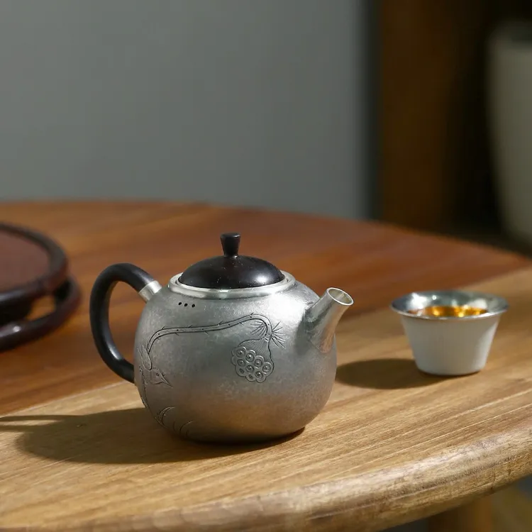 泡茶壶纯银999银壶纯手工一张打日式复古家用茶具  鸟戏莲蓬