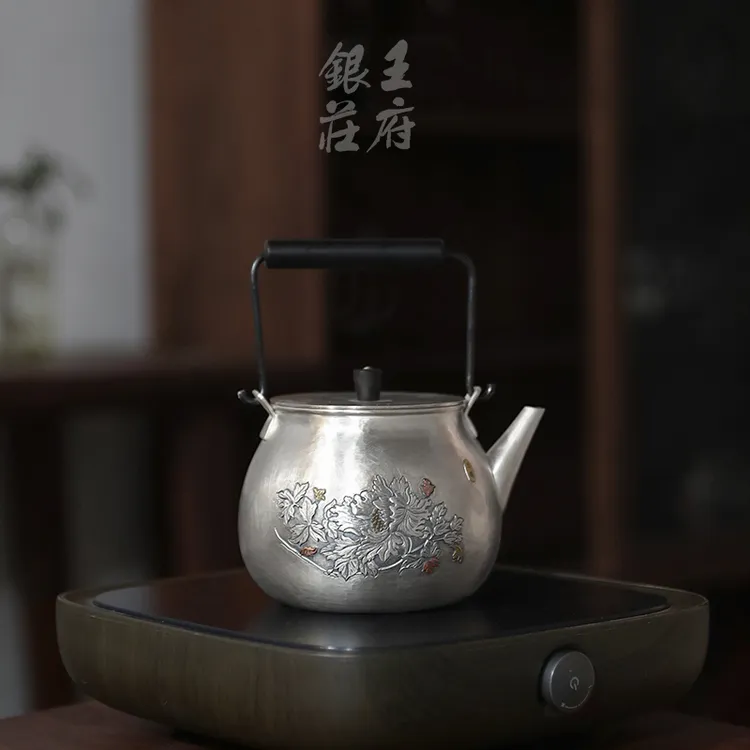 王府银庄足银999银壶 烧水煮茶壶纯手工刻花复古银器茶具道 云吉