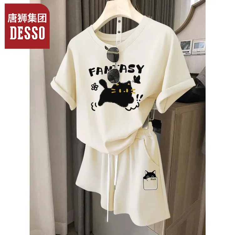 唐狮集团desso运动套装女2025夏季新款短袖宽松居家阔腿短裤纯棉