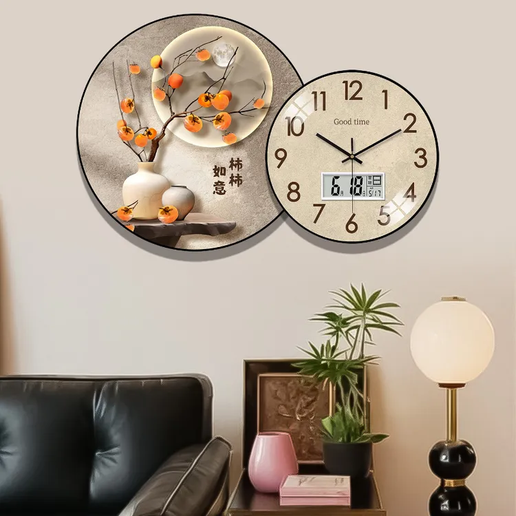 中古风时钟客厅新款复古创意挂钟静音家用钟表餐厅挂墙艺术钟摆件