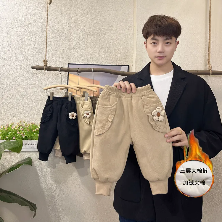 【三层大棉裤】2025冬季加绒加厚棉裤新款女中小童洋气双边花朵棉裤