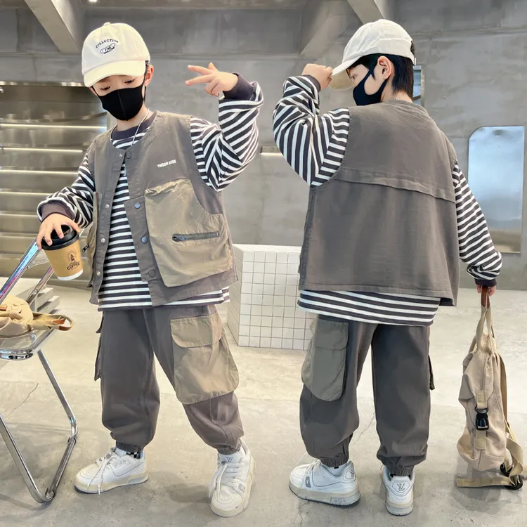 男童春款马甲套装洋气宝宝时尚条纹衬衫大儿童春秋季休闲三件套潮
