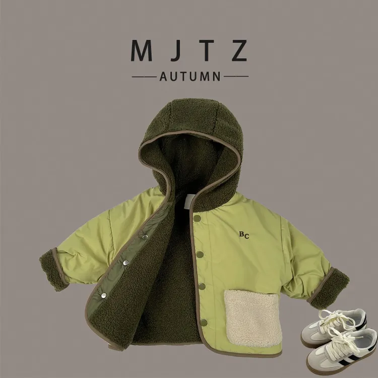 宝宝加厚外套秋冬季时尚新品加绒儿童羊羔绒连帽可爱外套外穿男童