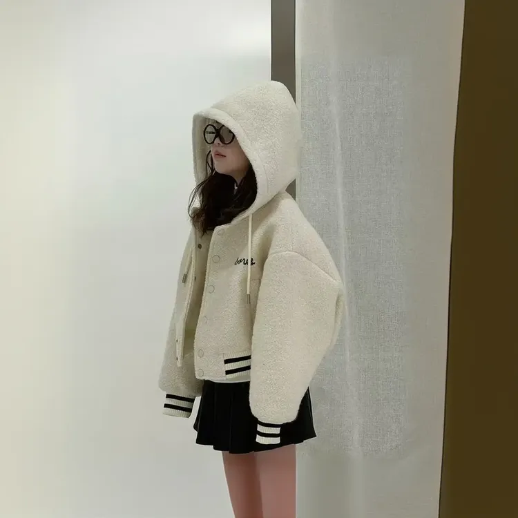 【内里夹棉】女童学院风外套秋冬新款儿童洋气加厚羊羔毛连帽棒球服