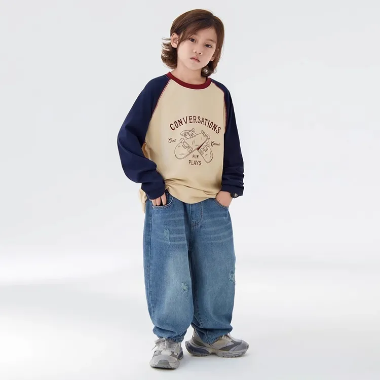 叮叮家童装儿童秋季t恤插肩袖男童长袖打底衫2024新款中大童上衣