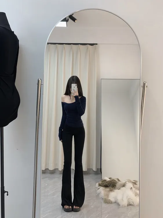 纯欲实穿斜肩夏季长袖T恤显瘦掐腰褶皱短款打底衫上衣