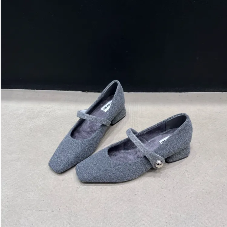 高级感法式气质低跟加绒单鞋女2024秋冬季毛呢仙女晚晚风通勒棉鞋