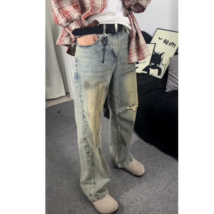 YZZ丨水洗泥染做旧脏脏破洞牛仔直筒裤挂扣刺绣男女同款百搭情侣