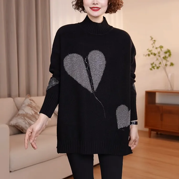 秋冬新款大码加厚保暖毛衣女冬季遮肚子中长款宽松烫钻针织上衣