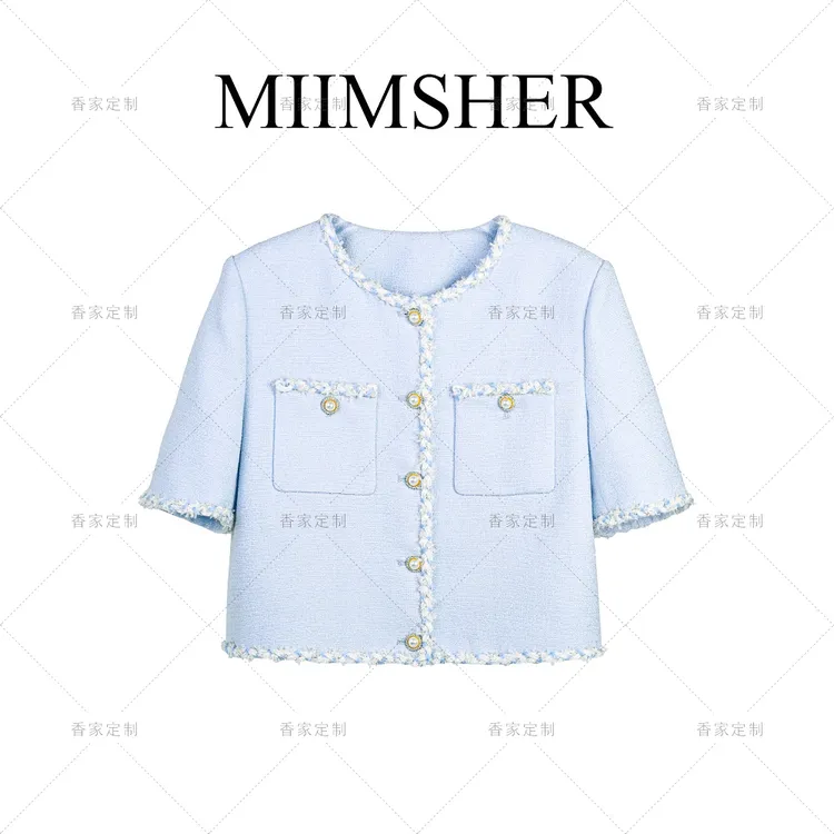 MIIMSHER冰蓝盛夏手工花边格子小香短袖外套女气质简约MS241615B