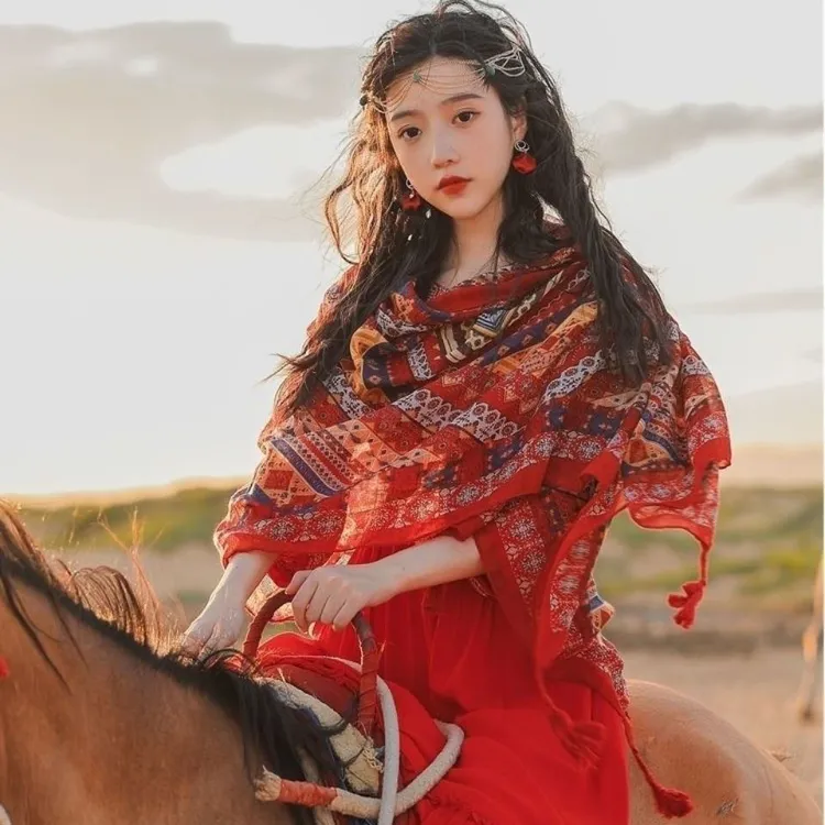 【手工盘扣】旅游度假拍照民族风旅游沙滩丝巾海边户外薄款防晒披肩