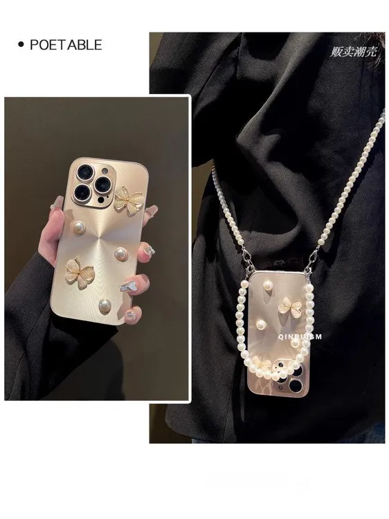 炫彩极光适用于苹果17手机壳16立体珍珠蝴蝶15手提斜挎14全包13女