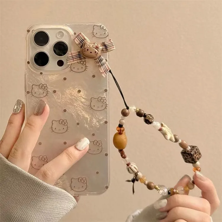 棕色波点卡通kt猫带链条适用iPhone16promax苹果15手机壳14新款13