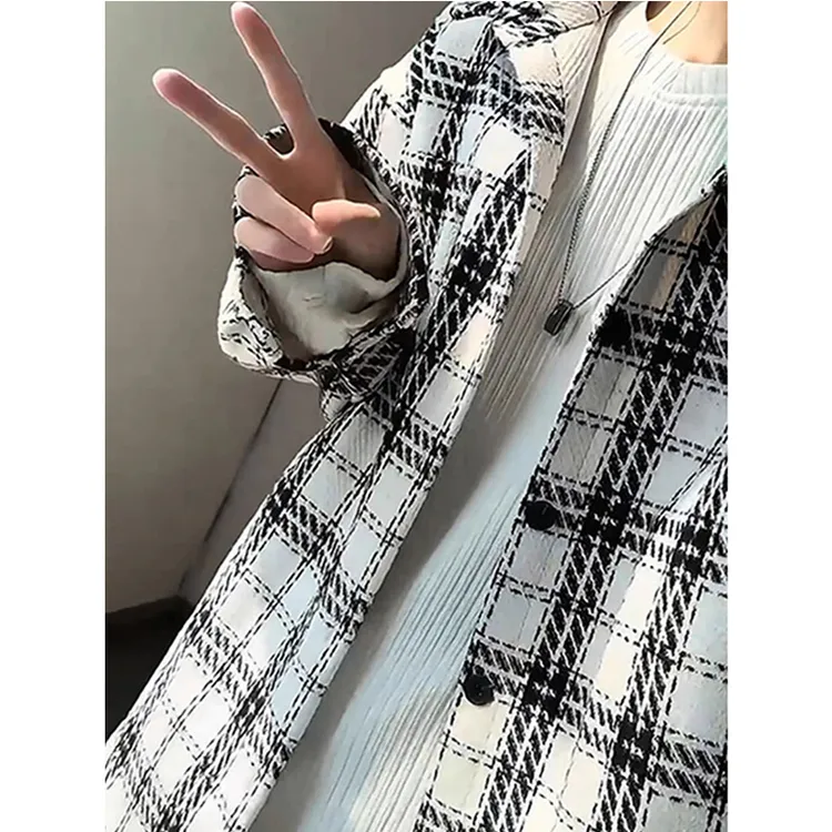 小香风格子外套男款春秋季撞色拼接长袖衬衫oversize翻领毛呢夹克