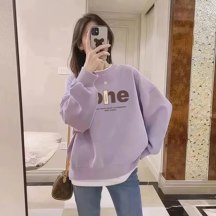 2024年新款假两件圆领卫衣女秋冬季加绒保暖爆款胖mm宽松百搭上衣