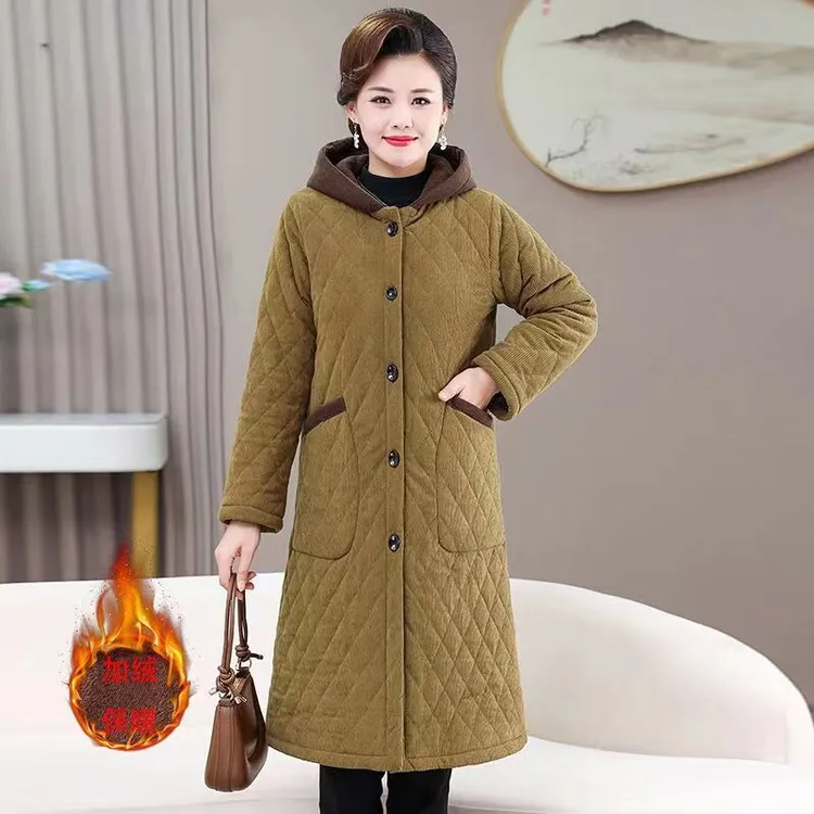 妈妈冬款加绒加厚雪尼尔外套女显瘦长款连帽棉衣中年女装百搭保暖