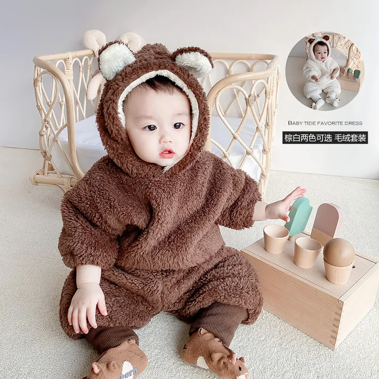 宝宝珊瑚绒两件套冬新款小熊外套可爱婴儿加绒保暖棉服儿童衣服