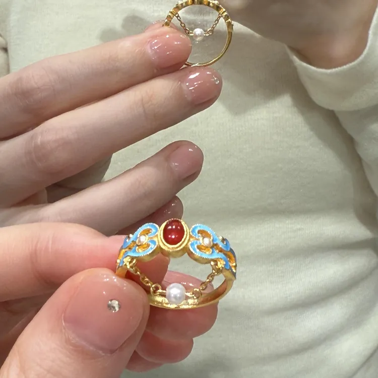 铜合金戒指 有凤来仪戒指精致感仿点翠珐琅彩流苏指环显气质百搭