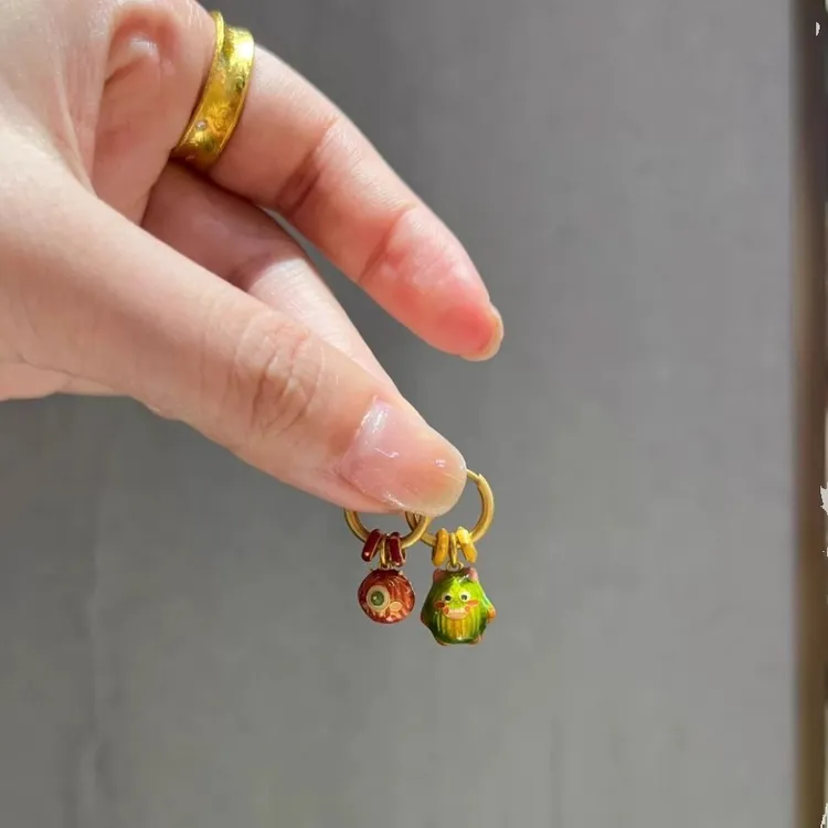 铜合金耳饰 古法烧蓝可爱怪兽耳环女耳圈耳扣呆萌卡通小众高级感