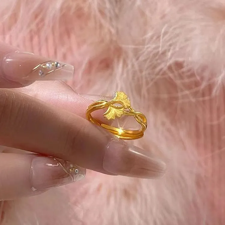 铜合金戒指 2024新款杏叶戒指女款活口可调节食指戒小众高级感夏