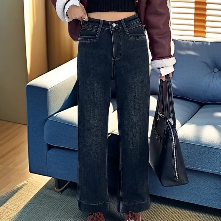 高腰加绒加厚牛仔裤冬季大码显瘦保暖直筒拖地裤水貂绒法棍裤2024