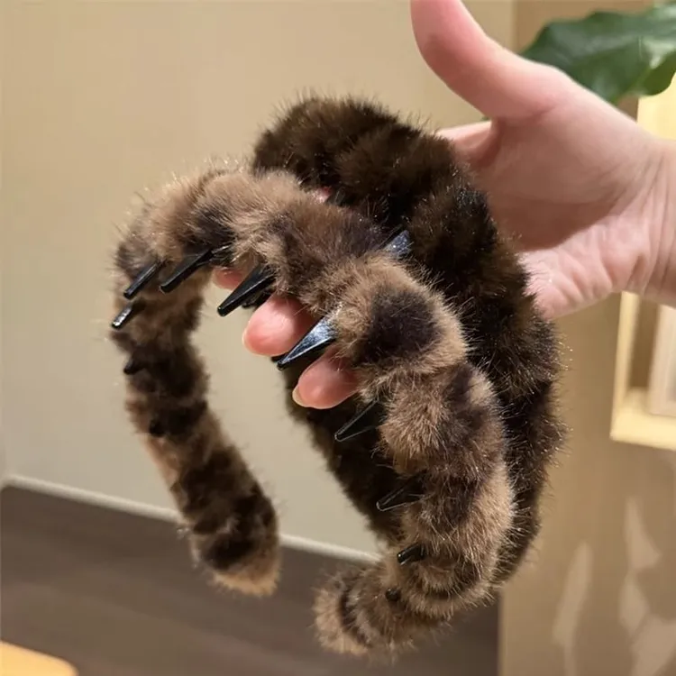 豹纹毛绒发箍女高颅顶大波浪韩系复古带齿防滑压发卡秋冬洗脸头箍