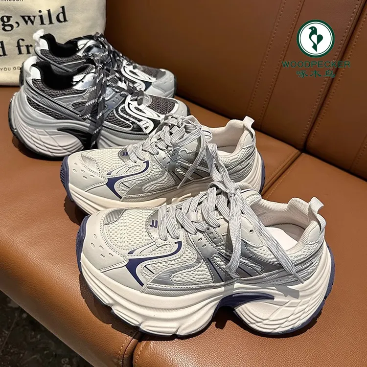啄木鸟厚底老爹鞋女网面透气2025春夏季6CM增高运动鞋ins跑步鞋子