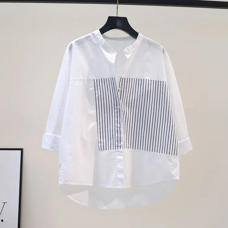 2025秋季新款拼接白色洋气上衣高端微胖时尚宽松爆款长袖休闲显瘦