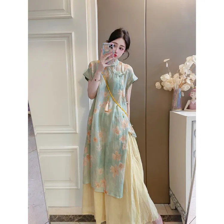 清冷风盘扣斜门襟女中长款连衣裙夏季文艺茶服侧开叉袍子两件套装