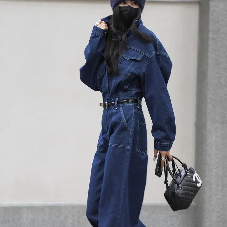 5585设计感时髦连体牛仔衣高腰工装牛仔裤秋季套装女大口袋连衣裤
