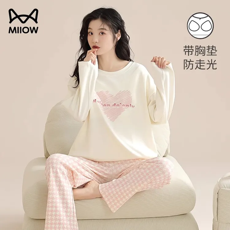 猫人睡衣女秋季带胸垫一体2024新款冬天可爱少女家居服套装宽松