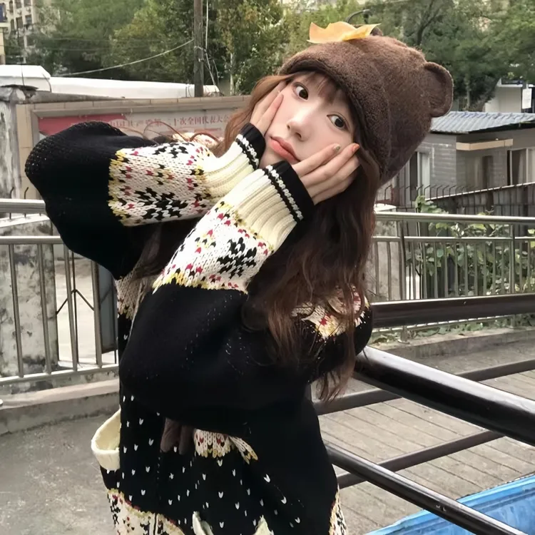 复古费尔岛棒球领提花加厚拉链针织开衫外套女慵懒风宽松毛衣EQ20