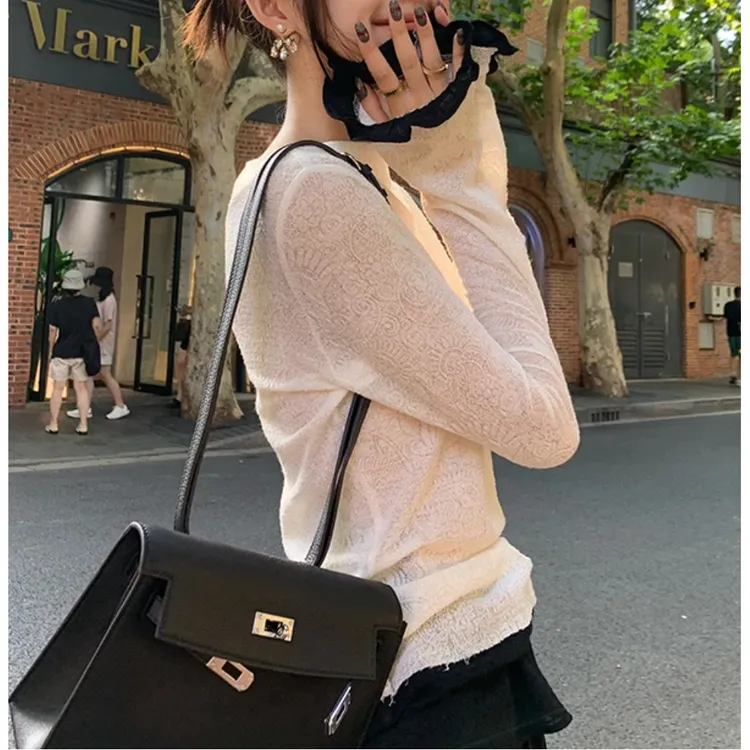 拼接一字肩假两件微喇长袖上衣女EQ20