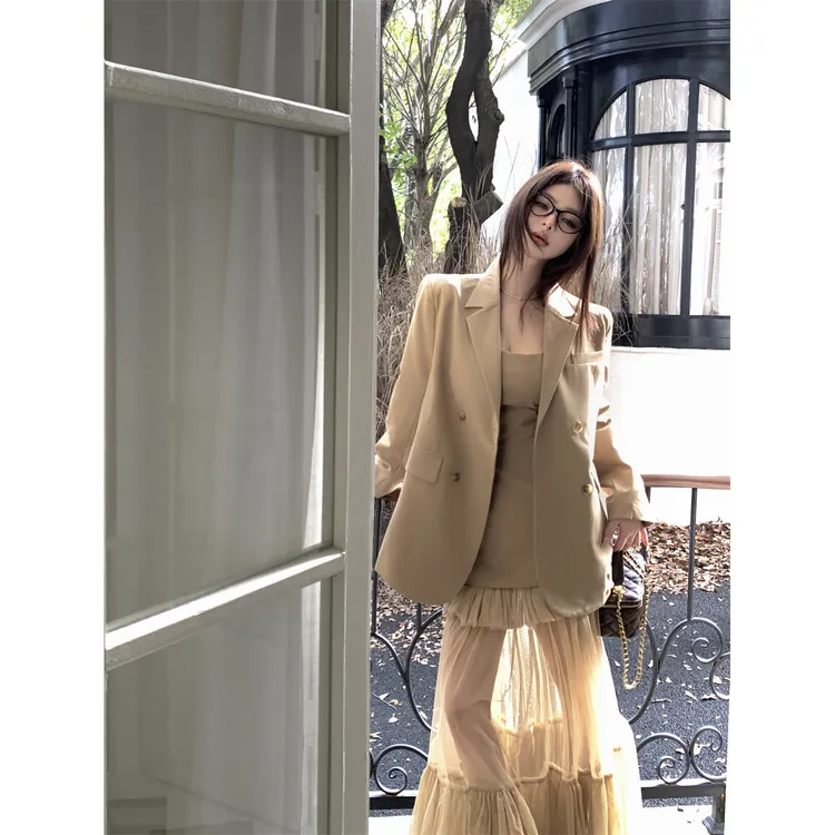 设计感小众高级重工网纱拼接吊带连衣裙+秋季西装外套套装EQ20