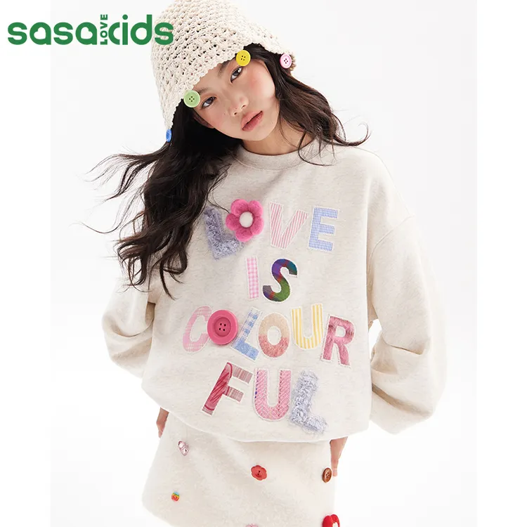 sasakids【彩色系列】秋冬法兰绒重工贴布绣休闲宽松卫衣女童装