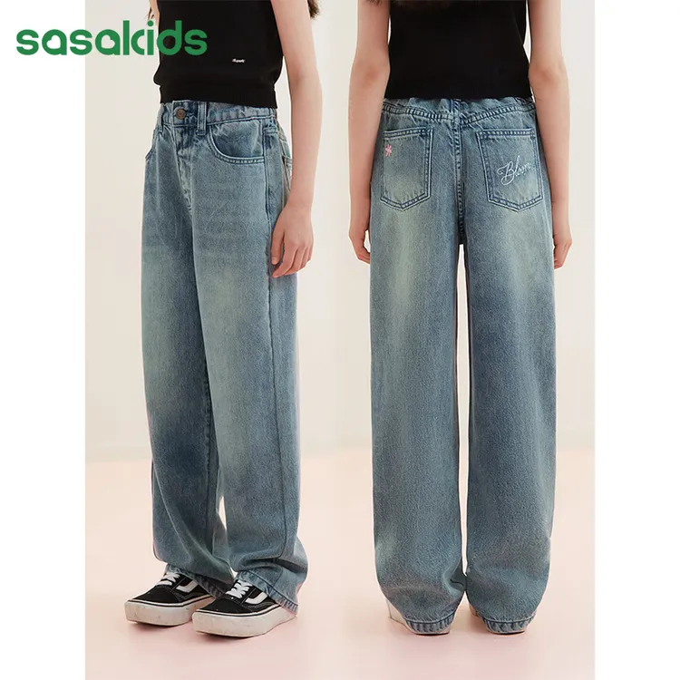 sasakids  植物纤维香蕉裤型绣花糯米软牛仔裤女童（复古洗水色）