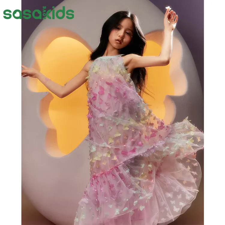 sasakids蝴蝶渐变挂脖无袖背心裙夏季网纱彩色公主裙女孩连衣裙