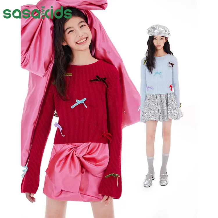 sasakids【派对系列】精选羊毛混纺双色毛衣 丝绒蝴蝶结圆领套头